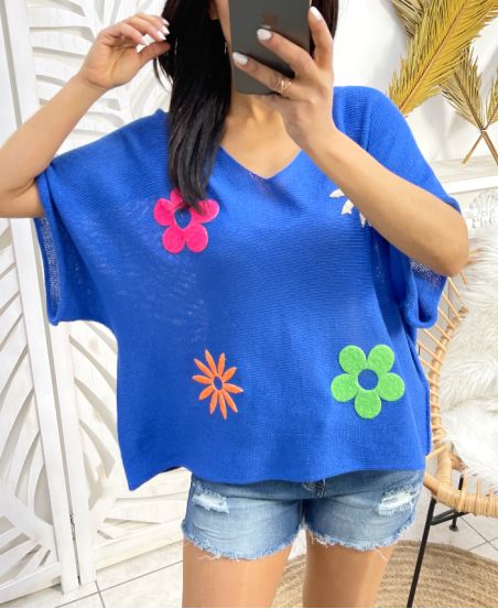 FLOWER YOKE SWEATER PE395 KONINGSBLAUW