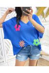 KNIT SWEATER WITH FLOWER YOKE PE395 ROYAL BLUE