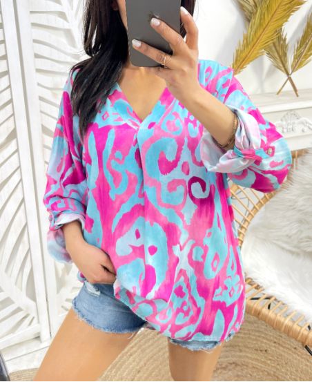 BLUSA FLUIDA VISCOSA PE410 AZUL-FUSHIA