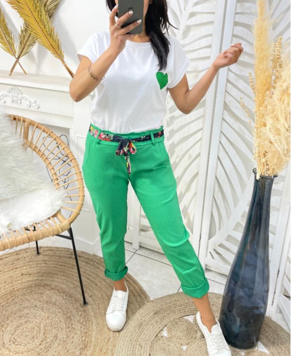 PACK 4 PANTALONS AVEC CEINTURE FANTAISIE S M L XL 9354 VERT EMERAUDE