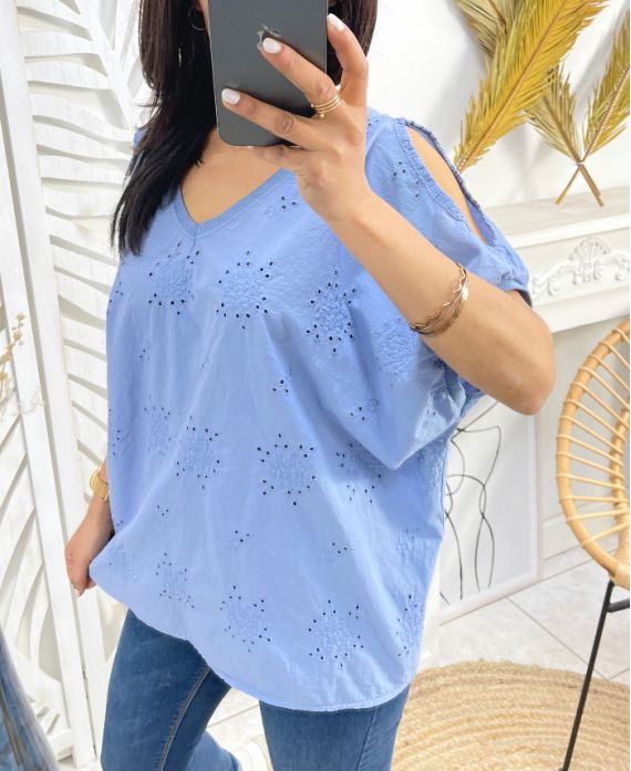 TOP RICAMATO IN COTONE PE1141 BLU