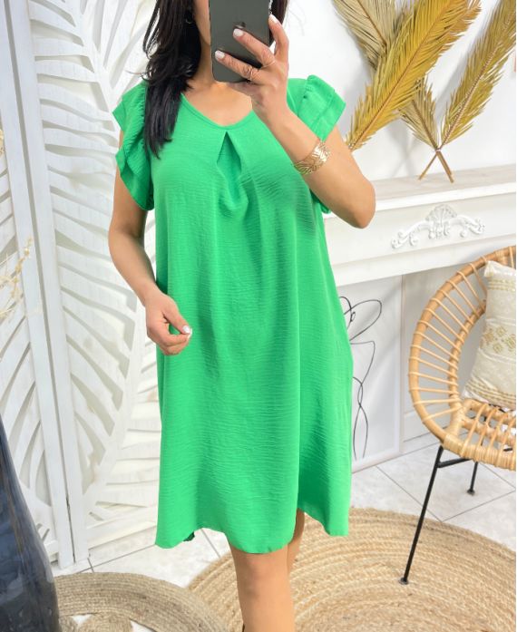 VESTIDO FLUIDO CON MANGAS CON VOLANTES PE807 VERDE