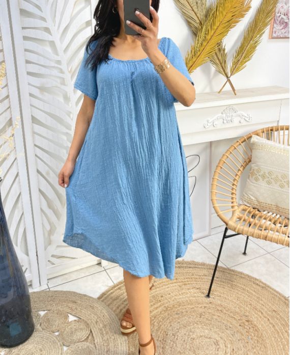 OVERSIZED COTTON GAUZE DRESS ELASTICATED NECKLINE PE1107 BLUE JEANS