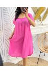 VESTIDO OVERSIZE DE GASA DE ALGODÓN ESCOTE ELÁSTICO PE1107 FUCSIA