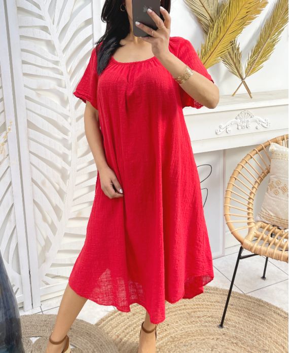 OVERSIZE ROBE GAZE DE COTON ENCOLURE ELASTIQUEE PE1107 ROUGE