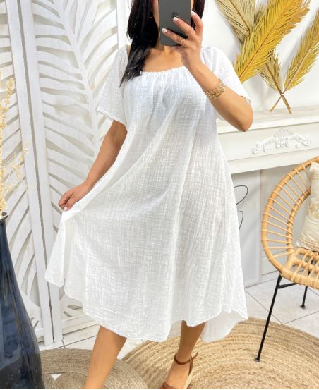 VESTIDO OVERSIZE DE GASA DE ALGODÓN ESCOTE ELÁSTICO PE1107 BLANCO