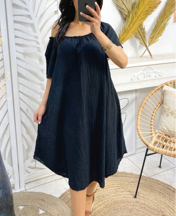 OVERSIZED COTTON GAUZE DRESS ELASTICATED NECKLINE PE1107 BLACK