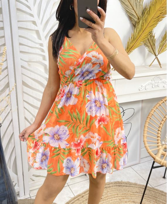 VESTIDO DE FLORES CON TIRANTES AJUSTABLES PE1119 NARANJA