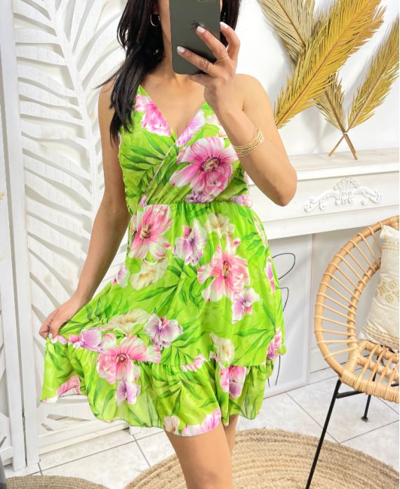 FLOWERS DRESS WITH ADJUSTABLE STRAPS PE1119 GREEN