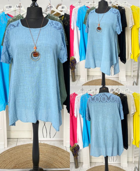 OVERSIZED COTTON GAUZE LACE TUNIC + FREE NECKLACE PE1092 BLUE JEANS