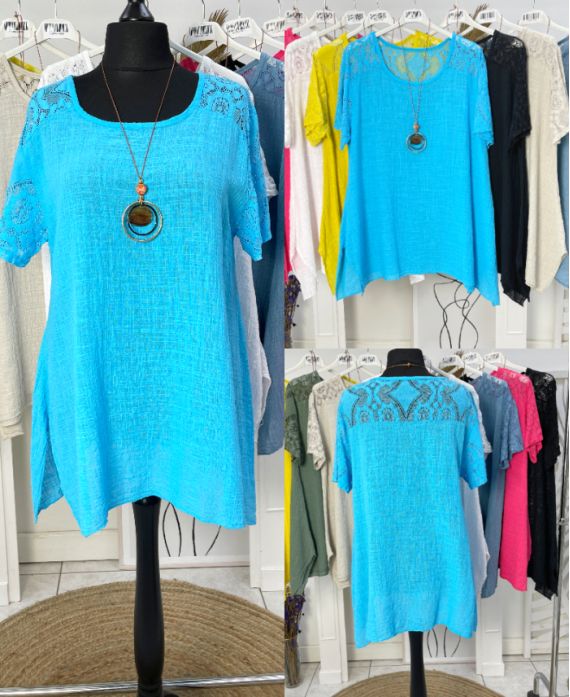 OVERSIZED COTTON GAUZE LACE TUNIC PE1092 + FREE COLLAR AZURE BLUE