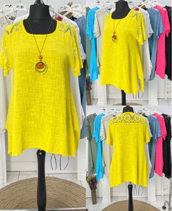 TUNICA OVERSIZE IN PIZZO GARZA DI COTONE + COLLANA OFFERTA PE1092 GIALLO