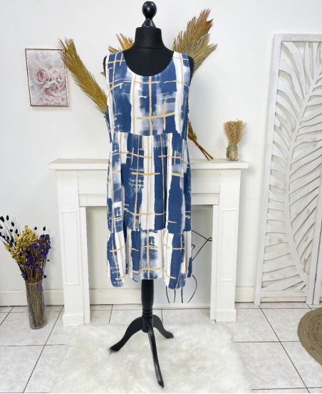 VESTIDO OVERSIZE DE VISCOSA ESTAMPADA SS1038 AZUL OSCURO