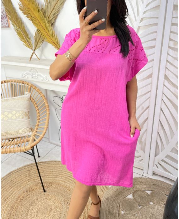 PE1044 FUSHIA EMBROIDERY COTTON DRESS