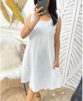 ROBE COTON EPAIS ELATIQUEE SUR COTE BRODEE PE1028 BLANC