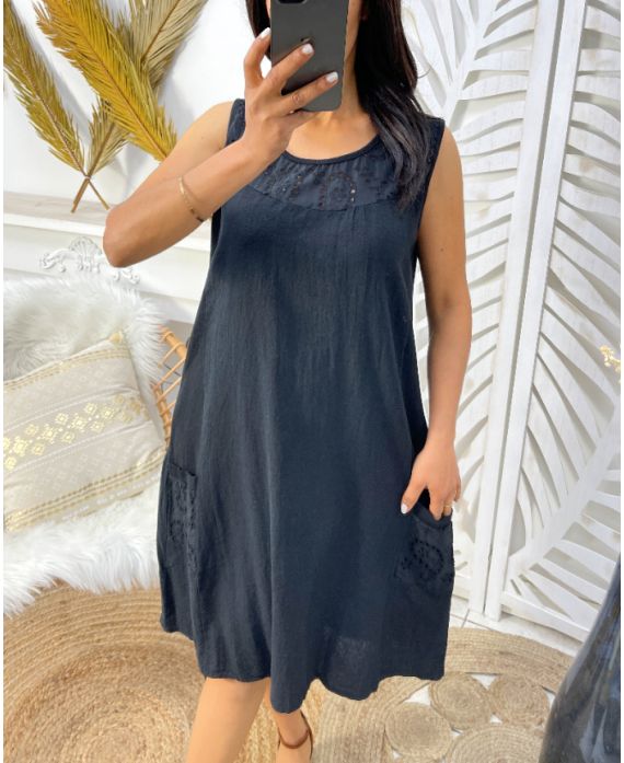 THICK COTTON DRESS WITH EMBROIDERED RIB EMBROIDERY PE1028 BLACK