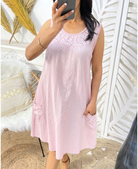 THICK COTTON DRESS WITH EMBROIDERED RIB EMBROIDERY PE1028 PINK