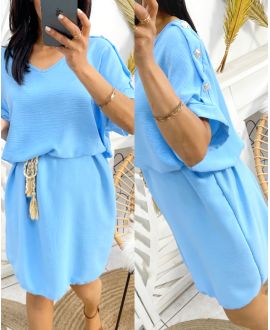 ROBE EPAULES A BOUTONS PE785 BLEU CIEL