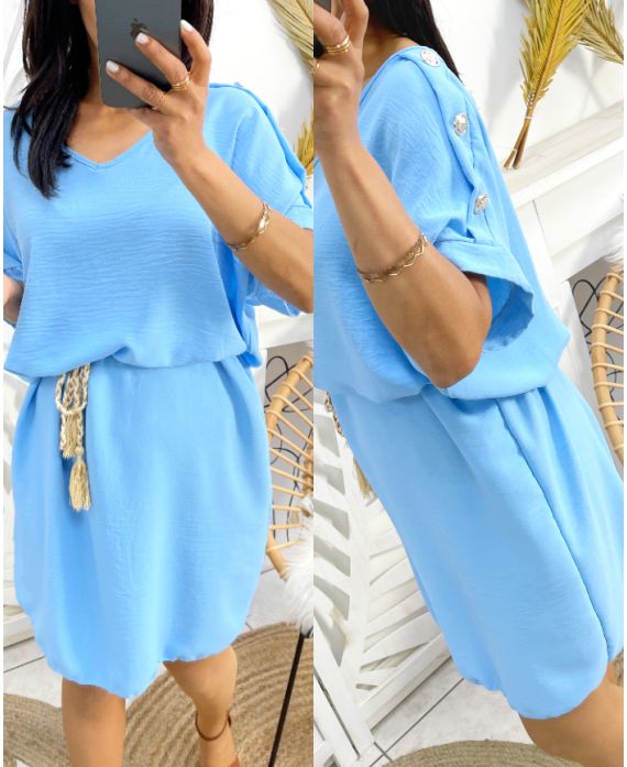 ROBE EPAULES A BOUTONS PE785 BLEU CIEL