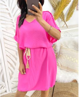 OFF-THE-SHOULDER DRESS WITH BUTTONS PE785 FUSHIA