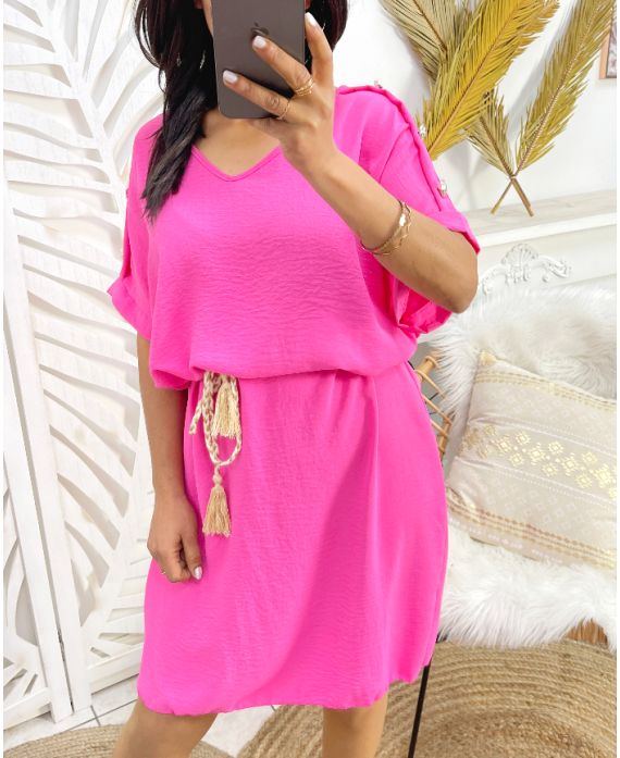 OFF-THE-SHOULDER JURK MET KNOPEN PE785 FUSHIA