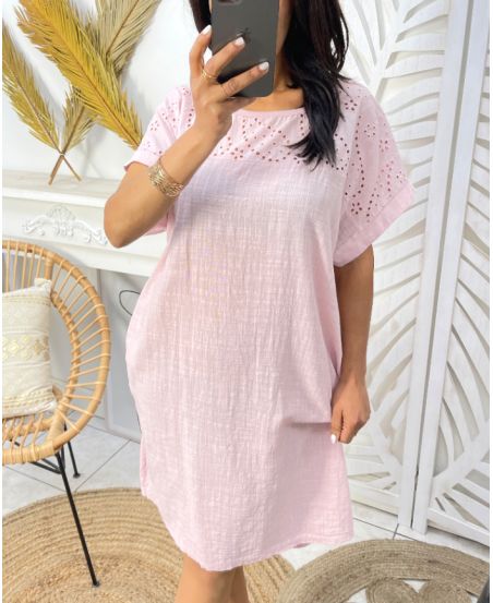 ROBE COTON BRODERIE 2 POCHES PE1044 ROSE
