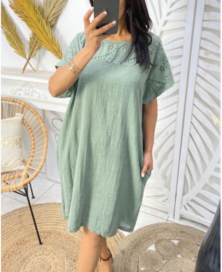 2-POCKET EMBROIDERY COTTON DRESS PE1044 MILITARY GREEN