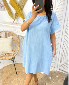 2-POCKET EMBROIDERY COTTON DRESS PE1044 LIGHT BLUE