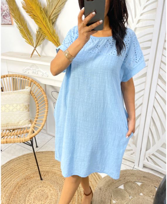 2-POCKET EMBROIDERY COTTON DRESS PE1044 LIGHT BLUE