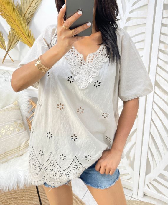 EMBROIDERED NECKLINE TUNIC PE1061 BEIGE