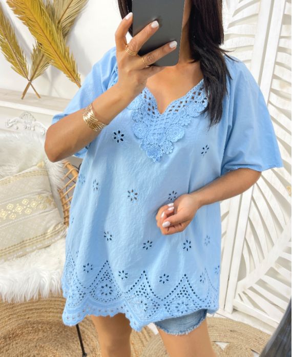 EMBROIDERED NECKLINE TUNIC PE1061 BLUE