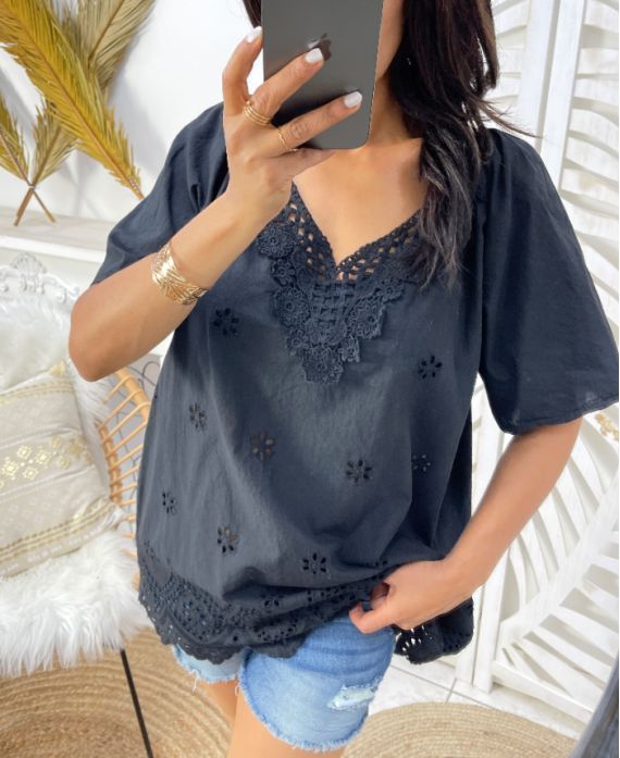 EMBROIDERED NECKLINE TUNIC PE1061 BLACK