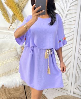 OVERSIZE ROBE FLOWER CEINTURE LIEN PE882 LILA