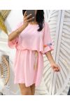 OVERSIZE ROBE FLOWER CEINTURE LIEN PE882 ROSE