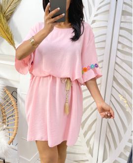 OVERSIZE ROBE FLOWER CEINTURE LIEN PE882 ROSE