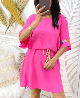 OVERSIZE ROBE FLOWER CEINTURE LIEN PE882 FUSHIA