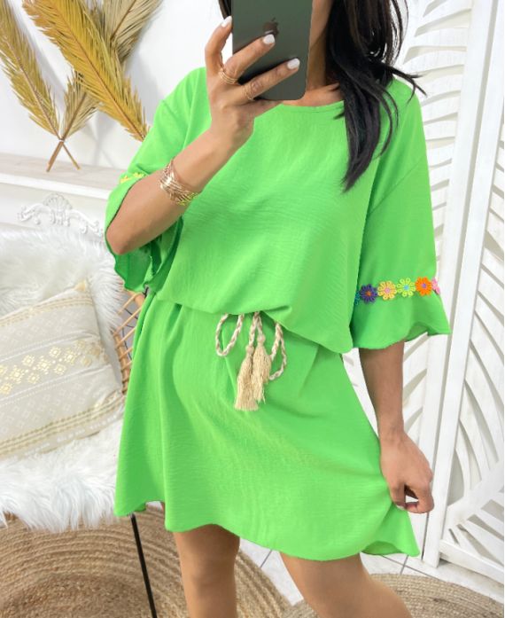 OVERSIZE ROBE FLOWER CEINTURE LIEN PE882 VERT