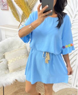 OVERSIZE ROBE FLOWER CEINTURE LIEN PE882 BLEU CIEL