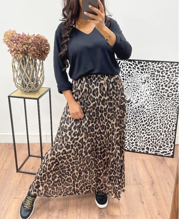 JUPE LONGUE PLISSEE DOUBLEE LUREX MOTIF LEOPARD AH250063 www.grossiste pret a porter