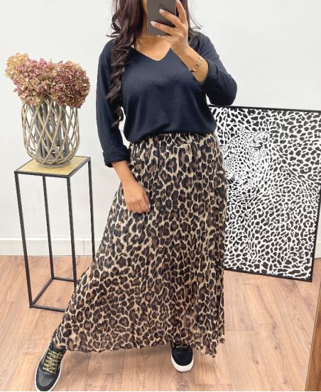 LONG PLEATED SKIRT WITH LEOPARD LEOPARD PATTERN LINING AH250063