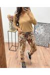 BEIGE LEAF PRINT SUEDE PANTS AH250109