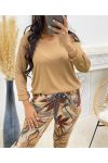 BEIGE LEAF PRINT SUEDE PANTS AH250109