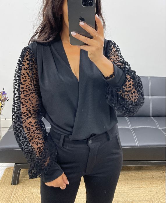 BLACK LACE SLEEVE BODYSUIT AH250074