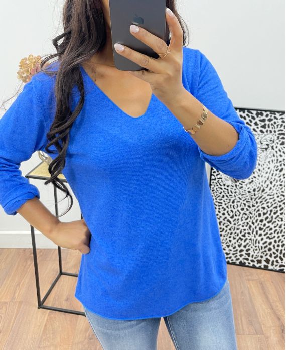 PULLOVER COL V AH250008 BLEU