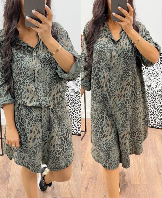 VESTIDO CAMISERO CON ESTAMPADO DE LEOPARDO AH250034 VERDE MILITAR