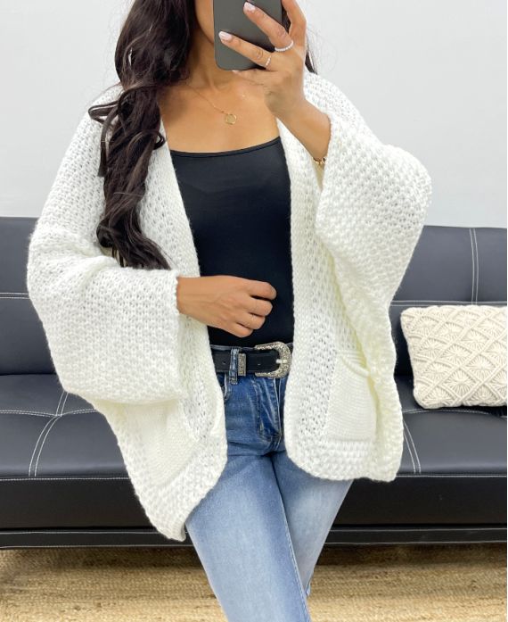 CARDIGAN GRANDE IN MAGLIA CON TASCHINO AH250120 BIANCO