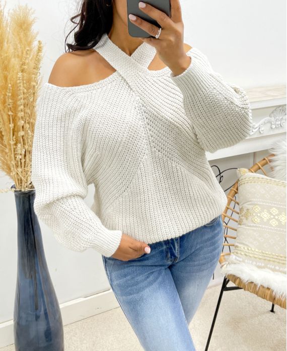 PULLOVER CON SCOLLO A TRACOLLA AH250125 ECRU