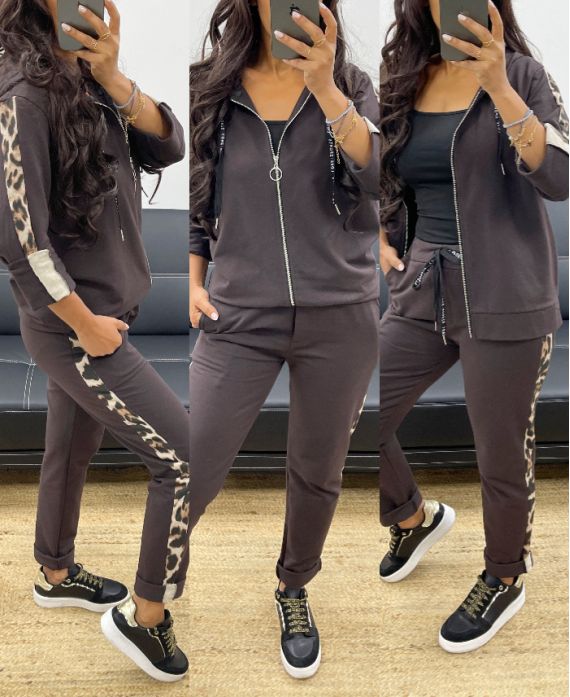 LEOPARD MATCHING JACKET + PANTS SET AH250130 CHOCOLATE