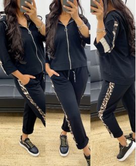 LEOPARD JACKET ZIP + PANTS SET AH250130 BLACK