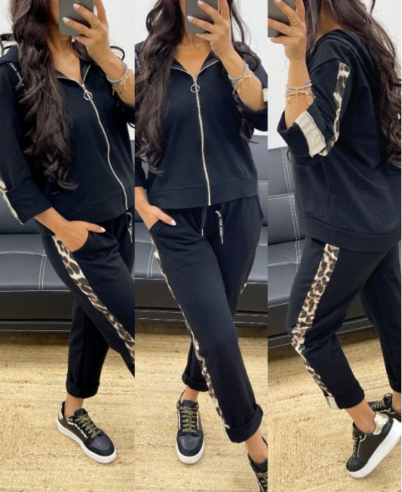 LEOPARD JACKET ZIP + PANTS SET AH250130 BLACK